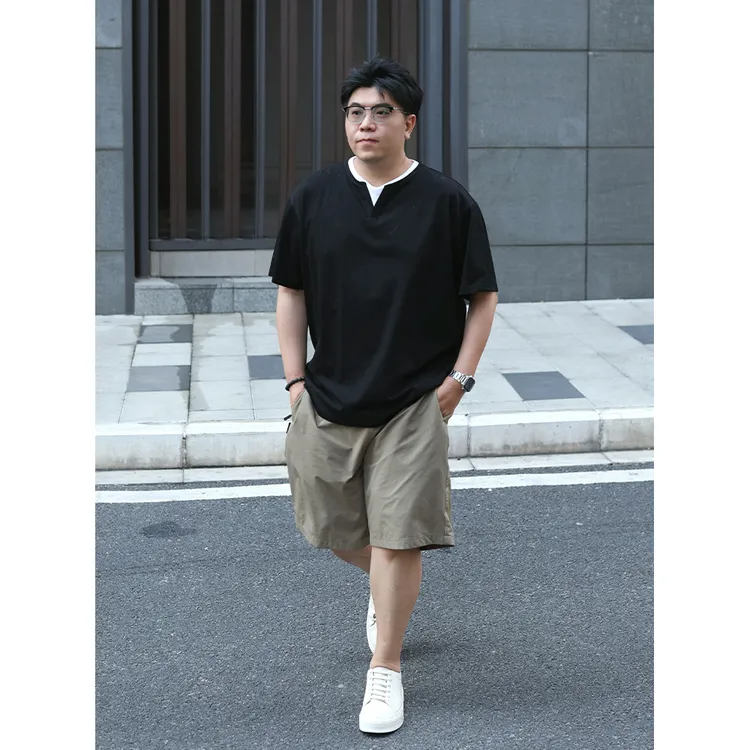 路人社 假两件T恤男短袖大码男装微胖男士穿搭宽松上衣套头夏季潮