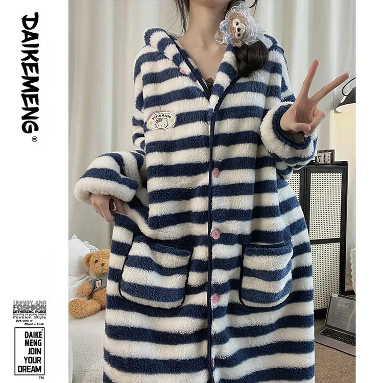 HelloKitty连帽卡通睡衣女秋冬新款宽松加厚珊瑚绒中长款居家睡袍
