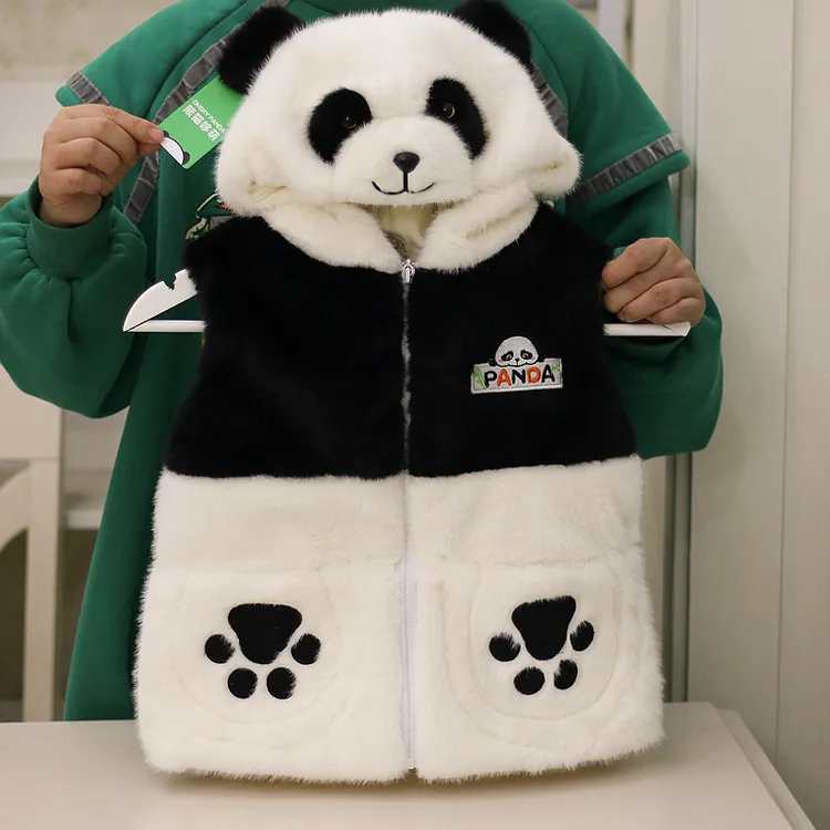 正版仿水貂毛熊猫花花马甲毛绒玩具马夹萌冬季成都基地同款面料好