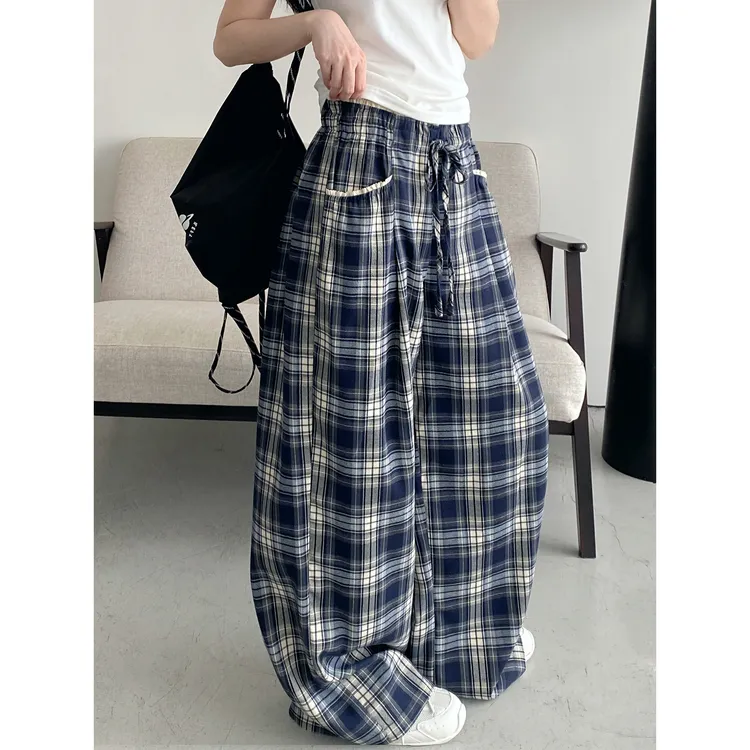 显瘦灰蓝格子休闲裤百搭拼接腰头抽绳阔腿裤宽松直筒长裤