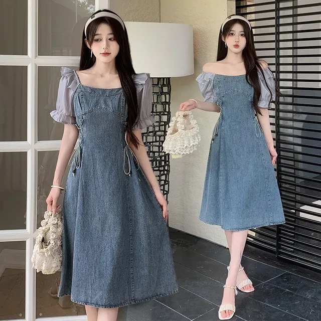高级感露肩牛仔裙2025夏季大码女装胖mm显瘦遮肚收腰一字肩连衣裙