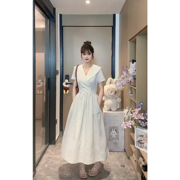 【条纹定律】清新蓝白条纹海军领复古文艺连衣裙女V领收腰显瘦裙子