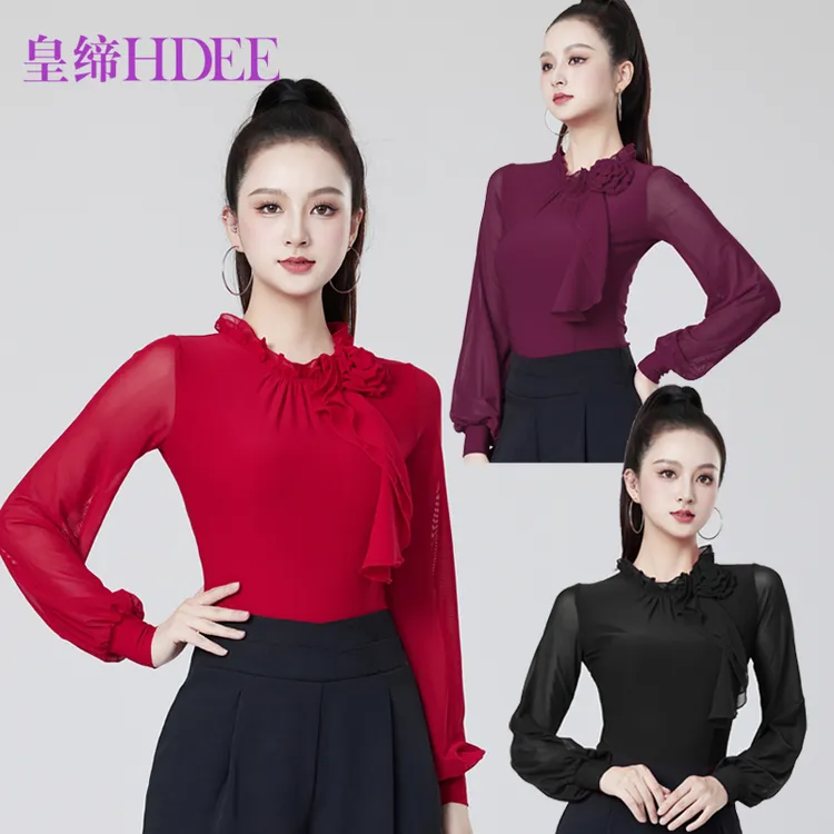 皇缔 法式花朵立领成人长袖慵懒风衬衫舞蹈服蕾丝摩登舞上衣气质