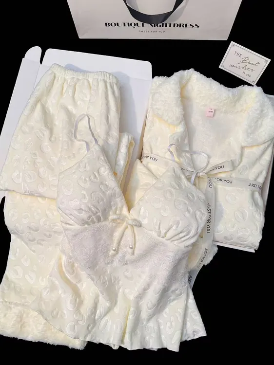 冬季清沧【海岛绒-吊带三件套】加厚保暖睡衣女时尚家居服