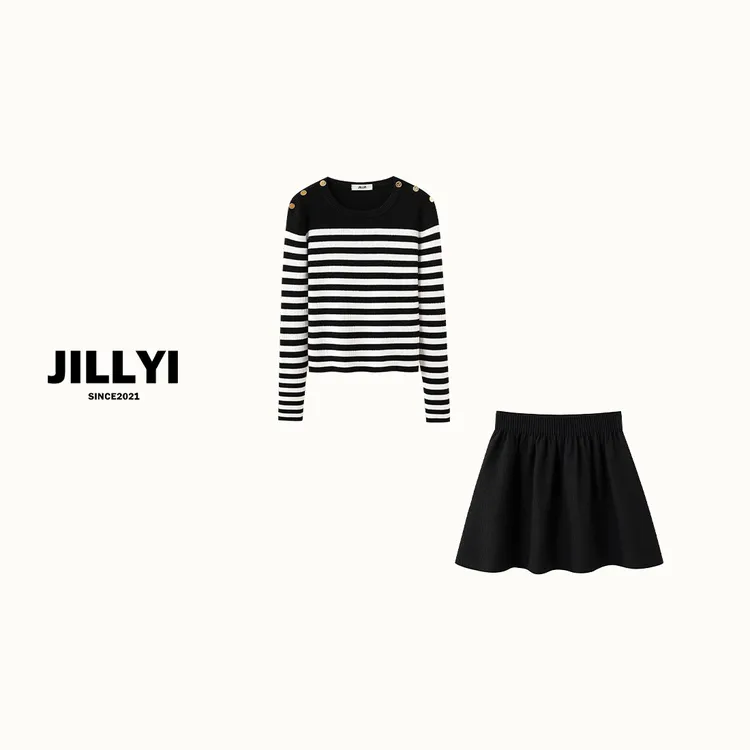 JILLYI南山店【限定条纹】+【奶油泡芙】黑白条纹上衣+黑色半裙时尚套