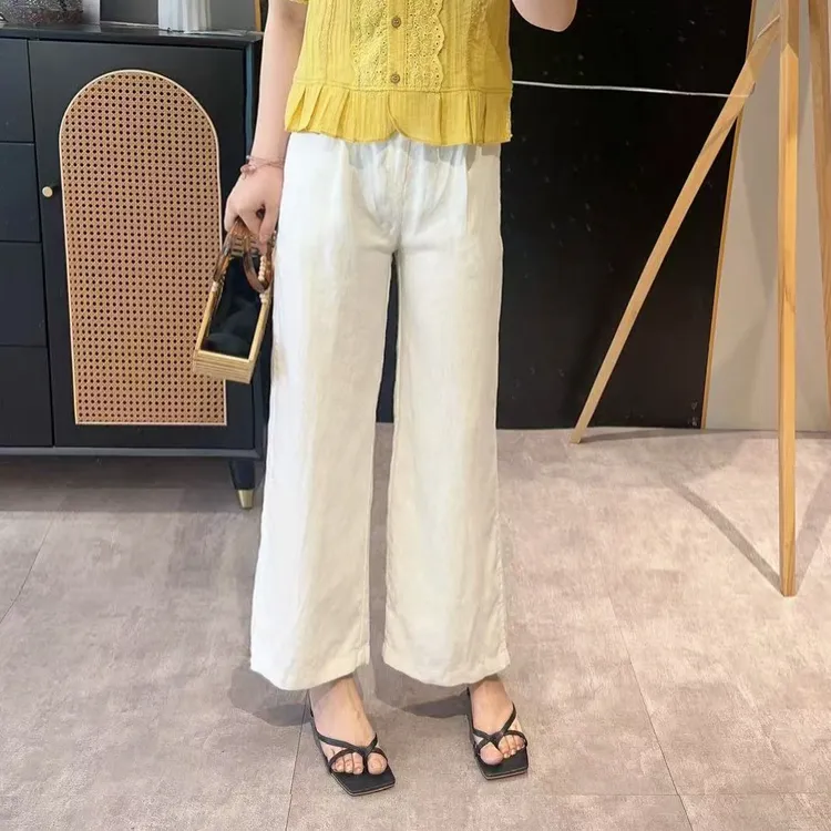 【欧加粒粒】高端白色100亚麻阔腿直筒裤薄款垂感休闲2025夏 F2558