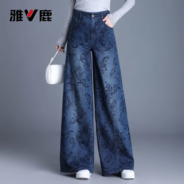 雅鹿复古印花阔腿牛仔裤女2025年新款秋冬高腰显瘦百搭宽松直筒裤