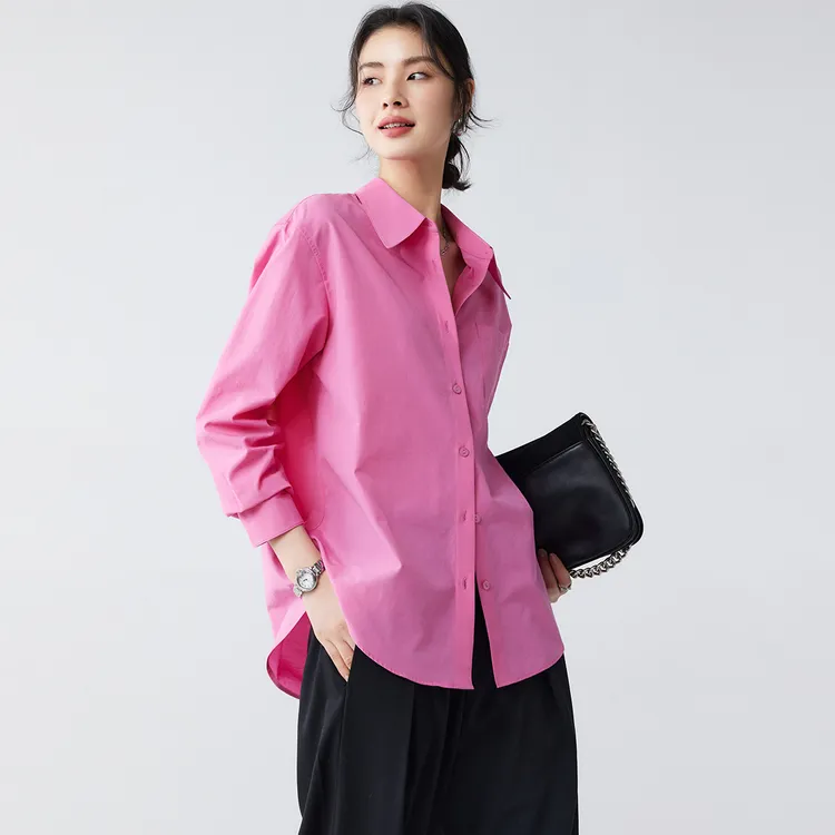 2025秋季法式通勤长袖衬衫女新款宽松翻领百搭纯色衬衫女