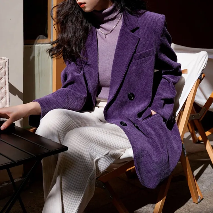 现货紫色灯芯绒西装外套女秋季2025新款复古气质高级感宽松休闲小