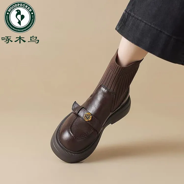 啄木鸟瘦瘦靴短靴女款2025秋冬季新款加绒弹力袜靴英伦风马丁靴子