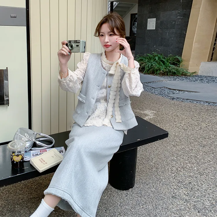 小香风马甲裙女2025秋季新款超好看减龄蕾丝衬衫半身裙