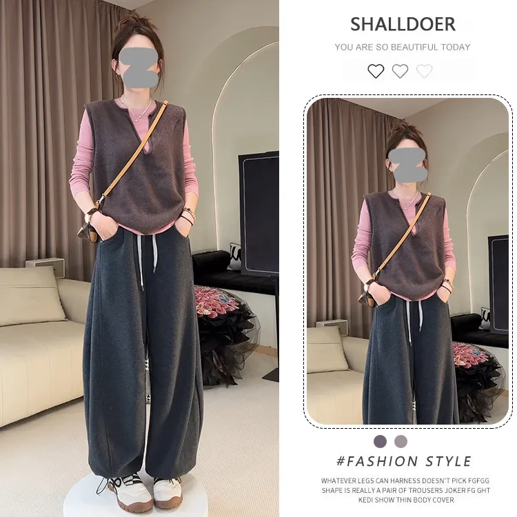 小个子松驰感套装女2025春秋新款针织衫长袖马甲背心阔腿裤三件套