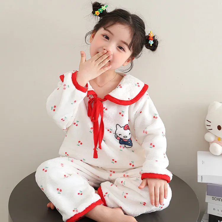 儿童睡衣法兰绒秋冬季保暖加绒款珊瑚绒女童中大童小孩宝宝家居服