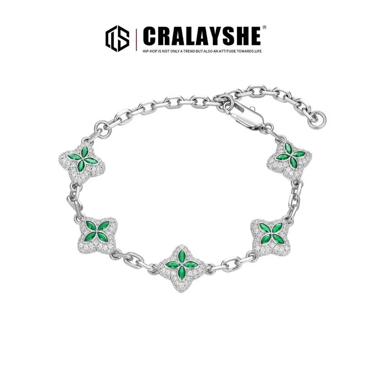 925银手链 璀璨满钻四叶草银手链女轻奢小众精致情侣手饰七夕礼物