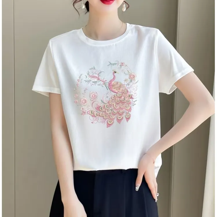 女款t恤夏季极简印花设计圆领拼接轻职T恤宽松温婉大方衣服慵懒风