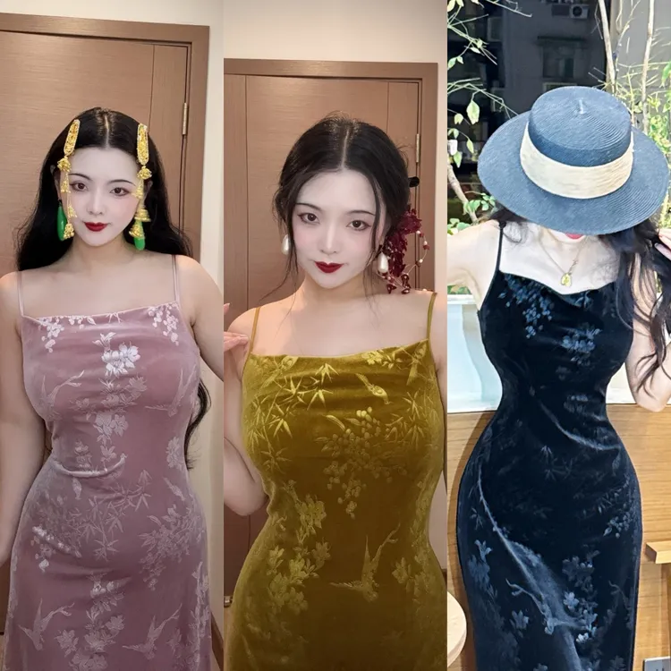 LHMknk1画报夫人原创自制温柔显瘦贵气吊带连衣裙 丝绒荡领合集