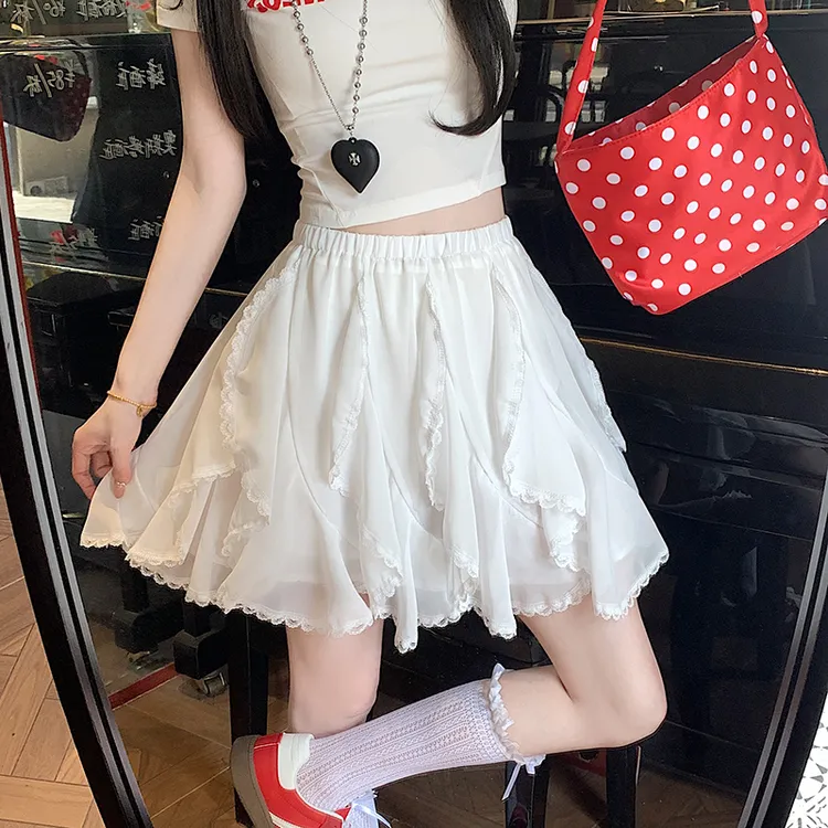 夏季新款白色高腰显瘦半身裙蕾丝拼接不规则防走光百搭蛋糕裙