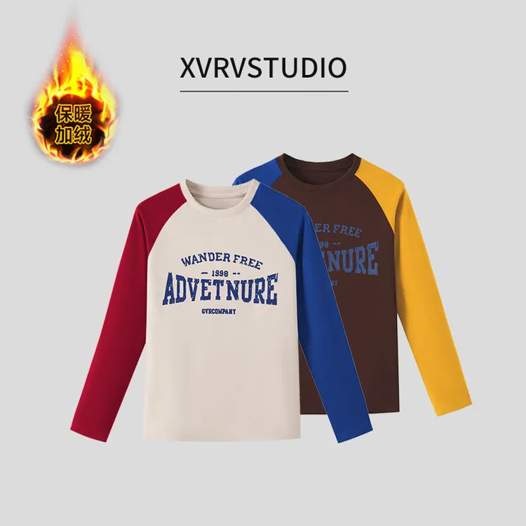 XVRV“自发热德绒”撞色美式长袖T恤女复古字母休闲宽松加绒打底衫