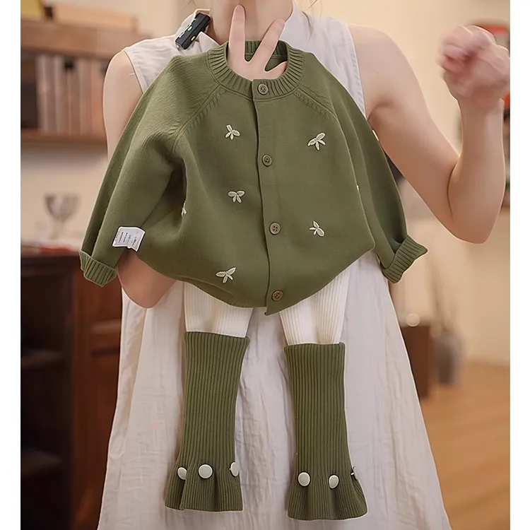 女童蝴蝶结毛衣打底裤套装2025新款秋冬款甜美针织开衫外套堆堆袜
