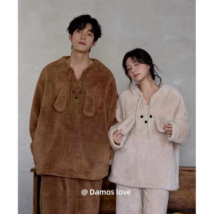 黛梦思毛茸茸情侣睡衣冬季加厚保暖家居服女可爱大码V领珊瑚绒