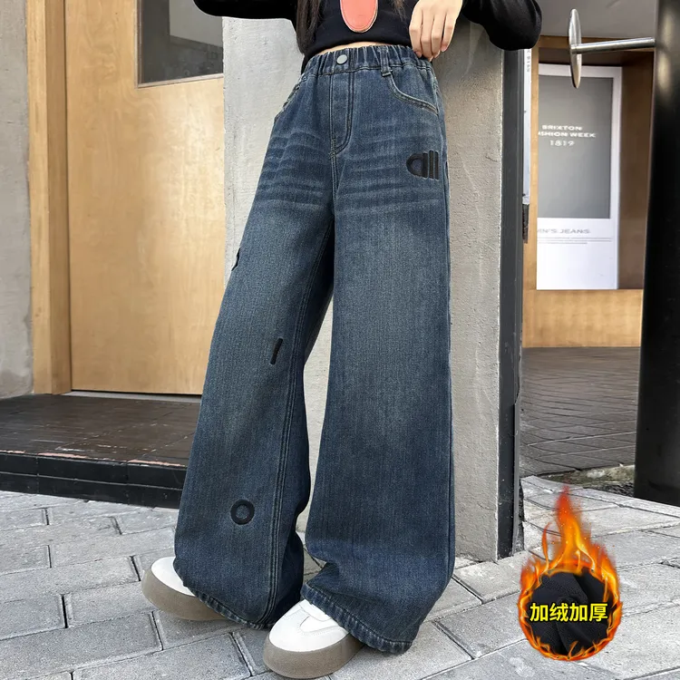 女童一体绒牛仔裤秋冬款加绒加厚裤子2026新款冬装中大儿童装冬季