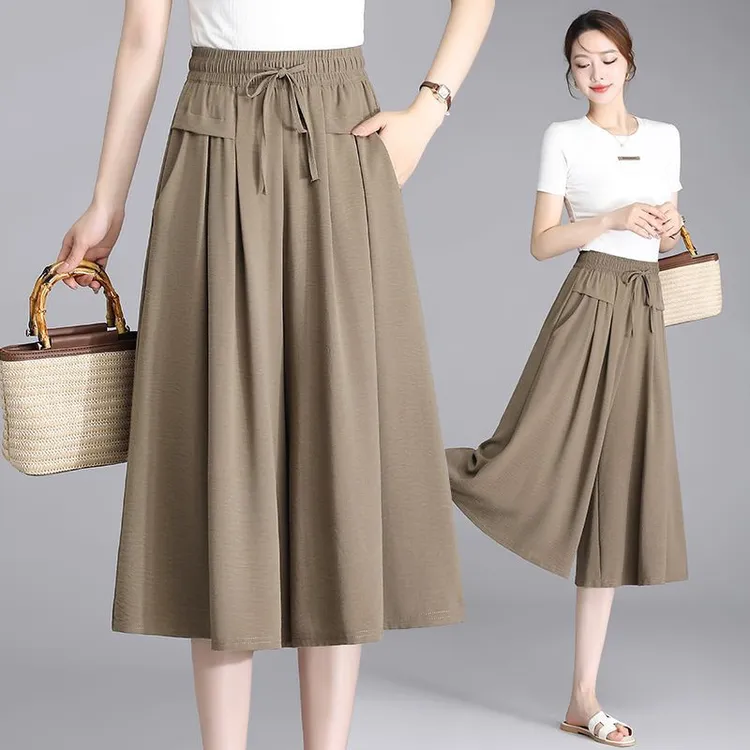 冰丝阔腿七分裤女2024夏季新款高腰垂感韩版休闲裤宽松薄款裙