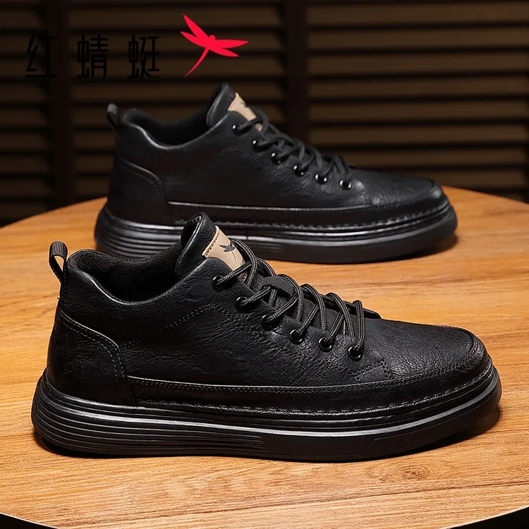 红蜻蜓男士高档休闲皮鞋2025秋季新款黑色男鞋百搭开车专用板鞋男