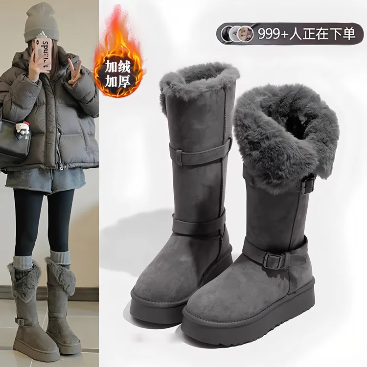 灰色雪地靴两穿女款2025新款冬季真毛厚底增高中筒加绒加厚保暖鞋