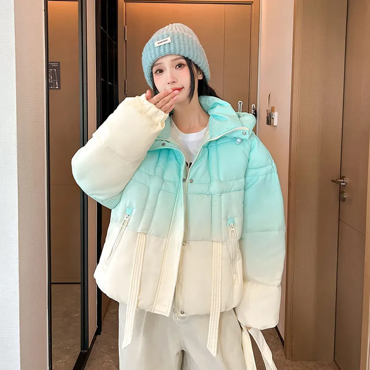 渐变色少女设计感加厚保暖连帽减龄棉服外套女百搭面包服棉袄洋气