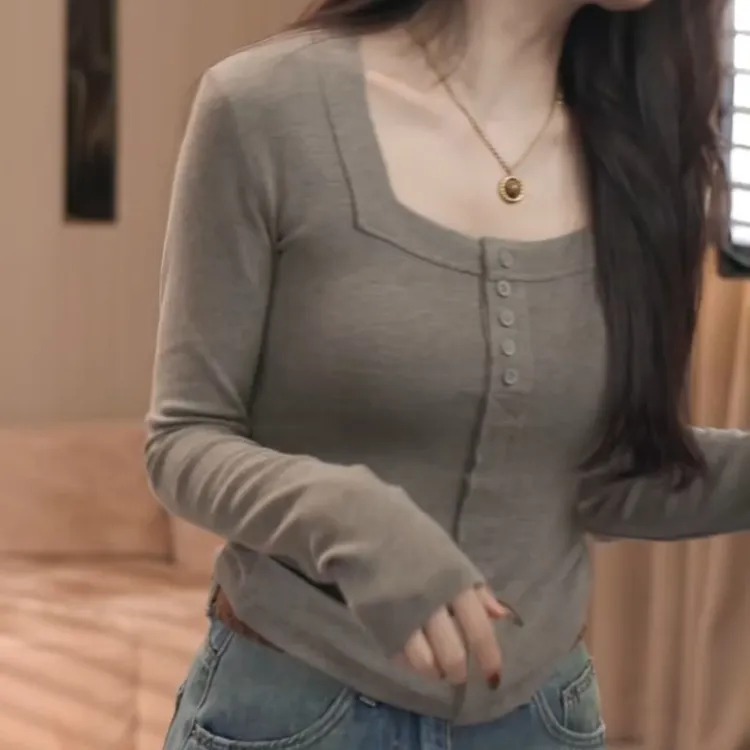 纯欲排扣方领长袖t恤女修身高腰短款上衣内搭T恤LK2506750