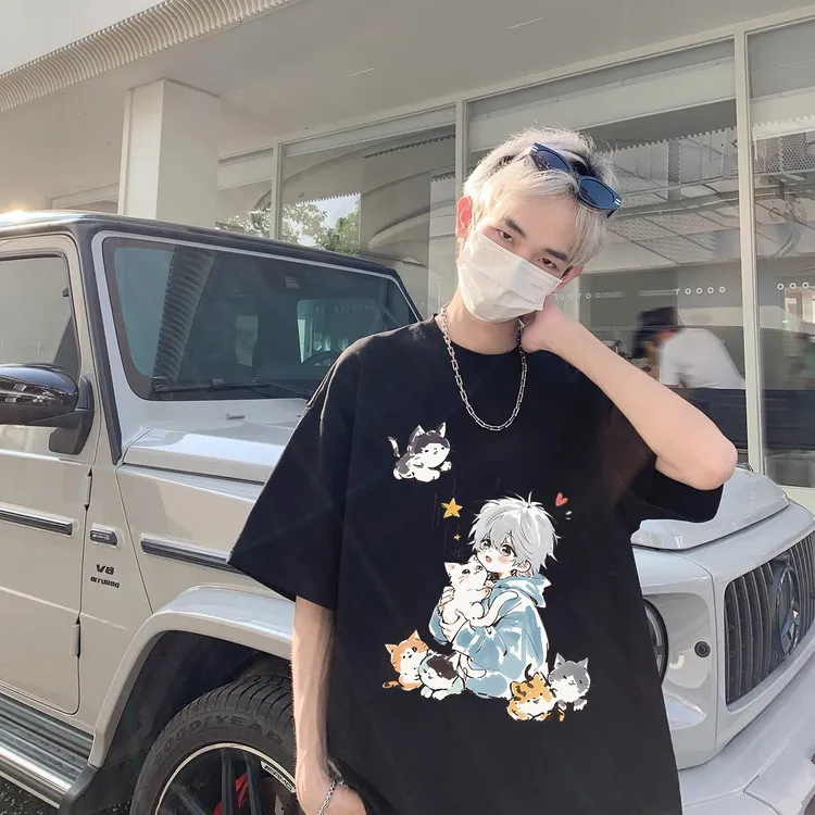 100%重磅纯棉短袖T恤男装夏宽松趣味创意卡通人物半袖男女同款NW2