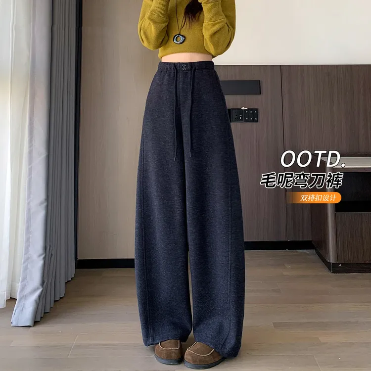 藏蓝色毛呢阔腿裤女潮流2025新款秋冬加厚高腰垂感显瘦香蕉弯刀裤