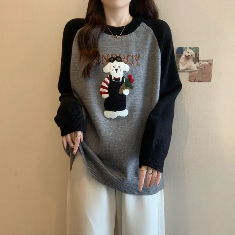 高级小狗刺绣灰色毛衣女秋冬大码女装微胖mm毛线衣宽松针织衫上衣