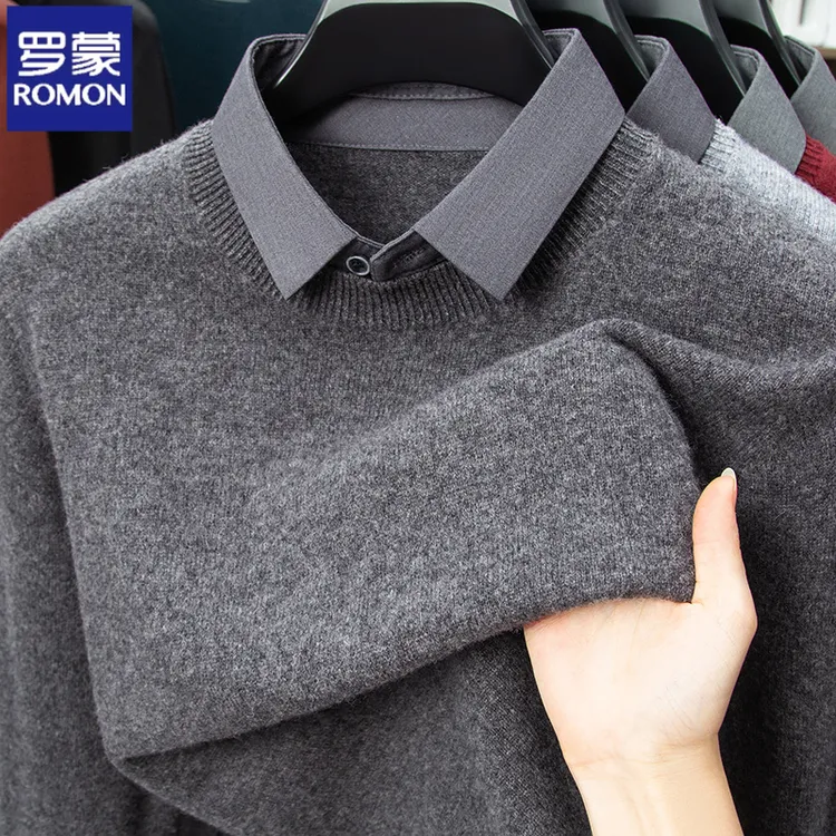 罗蒙纯色翻领韩版假两件100%绵羊毛秋冬季中青年商务男士针织衫