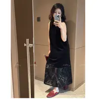 丝绒显瘦宽松直筒版蕾丝镂空拼接背心连衣裙DMY1536