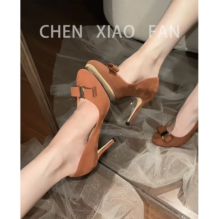 法式日常高跟鞋女绒面2025新款通勤蝴蝶结浅口气质细跟单鞋8CM