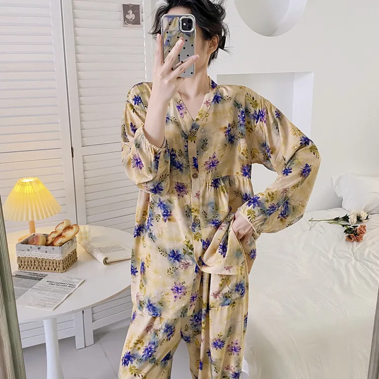 胸垫款【蓝风铃~原创印花】春夏新品棉绸100舒适家居服套装可外穿