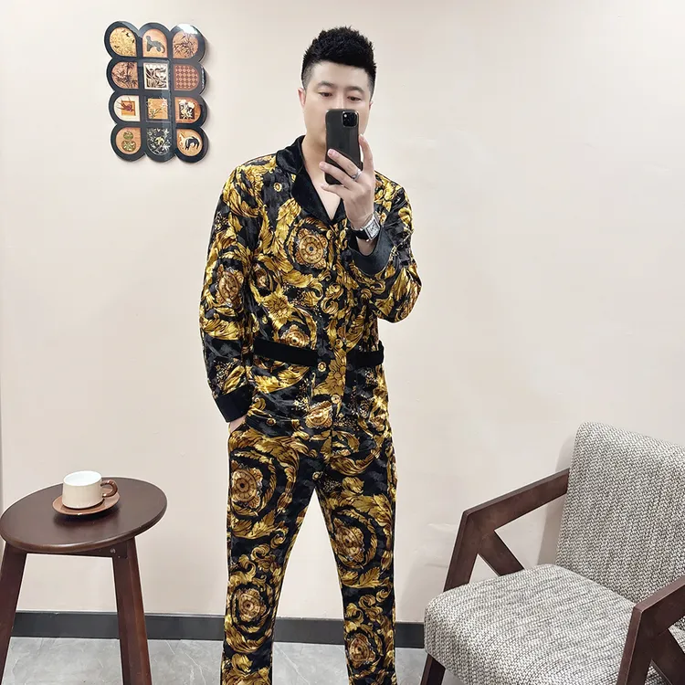 金丝绒男士印花睡衣套装2025春秋奢华高品质可外穿钻石绒家居服潮