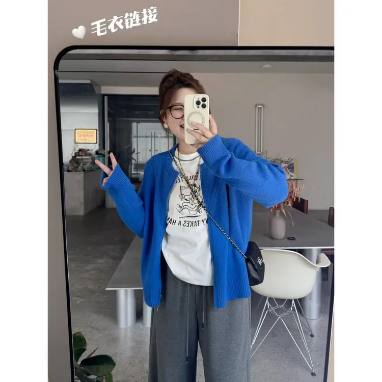 晶咕佳佳【莱茵演奏】圆领正肩双头拉链毛衣开衫针织休闲慵懒风