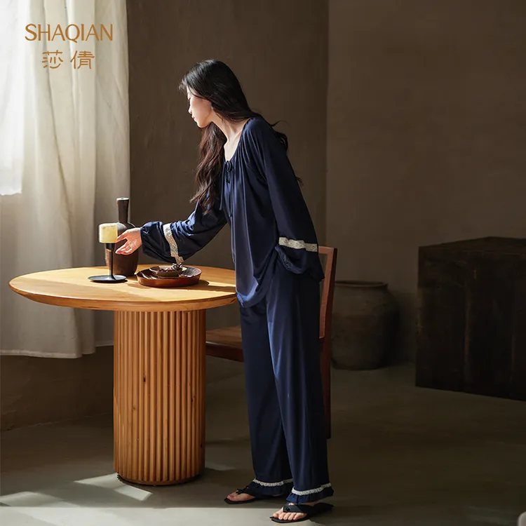 莎倩2025年春秋季新款睡衣女柔软纯棉长袖家居服圆领休闲外穿套装