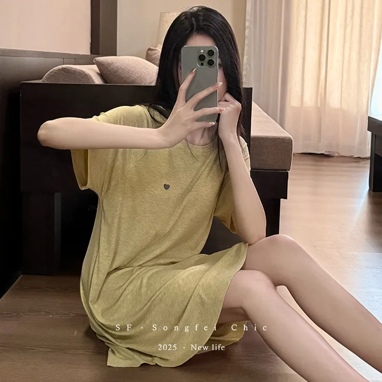 带胸垫睡裙夏天女夏季莫代尔短袖圆领套实批发宽松大码家居服裙子