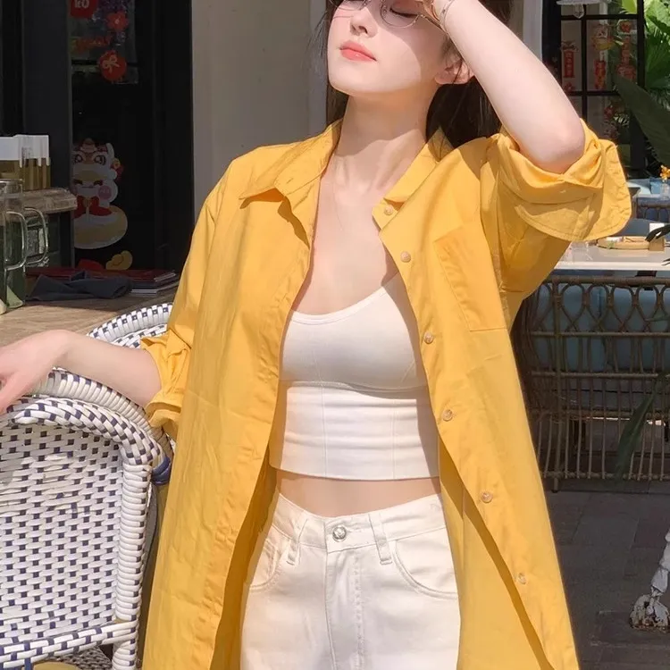 法式黄色长袖纯棉衬衫女春季新款时尚宽松常规款时尚气质防晒上衣