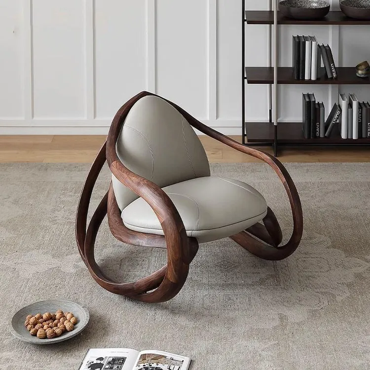 实木北美黑胡桃木摇摇椅现代简约轻奢软包休闲椅家用懒人沙发躺椅