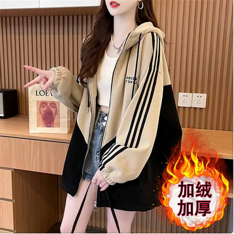 纯棉秋冬新爆款初高中学生大童加绒厚外套女美式慵懒chic连帽开衫