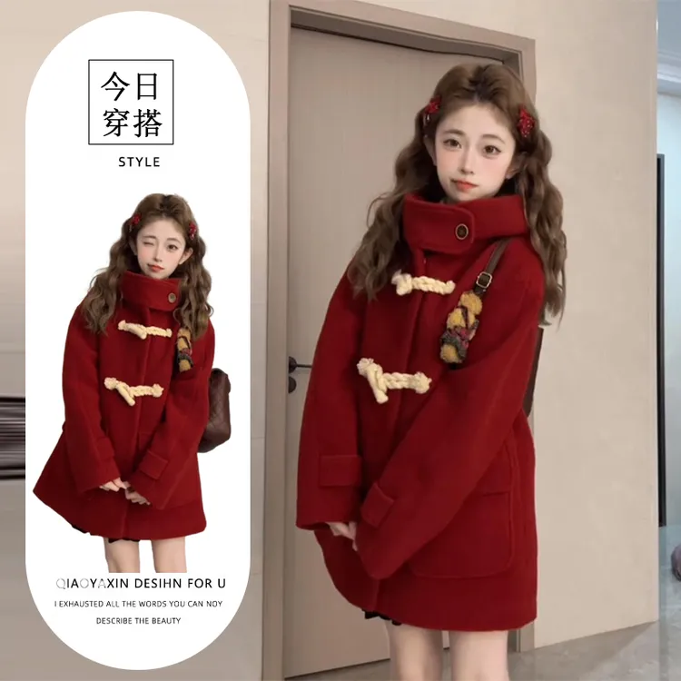 超级好看红色连帽毛呢外套2025秋冬新款韩系学院风牛角扣呢子大衣