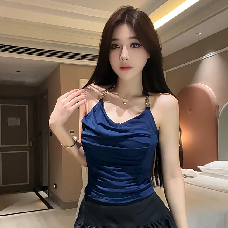 【原版高质量】新款百搭金属链条吊带背心女褶皱气质美背收腰挂脖