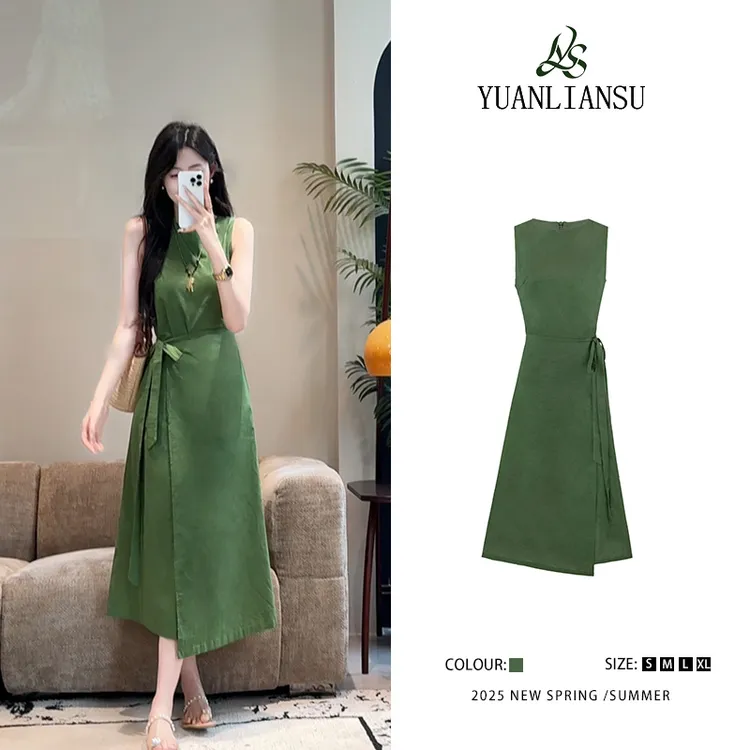 YUANLIANSU/圆脸酥【雾霾桃梦】法式复古夏季收腰无袖绿色连衣裙女