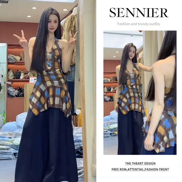 时尚穿搭女2025夏季新款设计感格子收腰不规则上衣阔腿裤两件套装