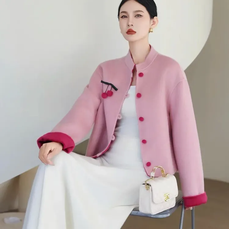 2025新款中式国风双面羊毛时尚大衣短款小个子荔枝毛呢外套新中式