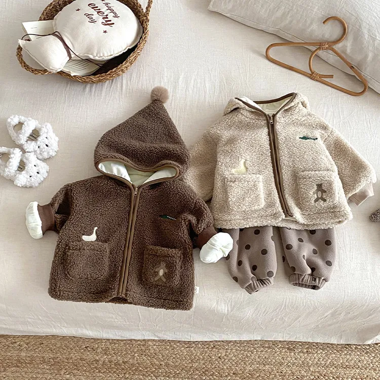 abnn儿童毛毛衣2025新款冬季男童刺绣卡通连帽外套宝宝加厚冬装